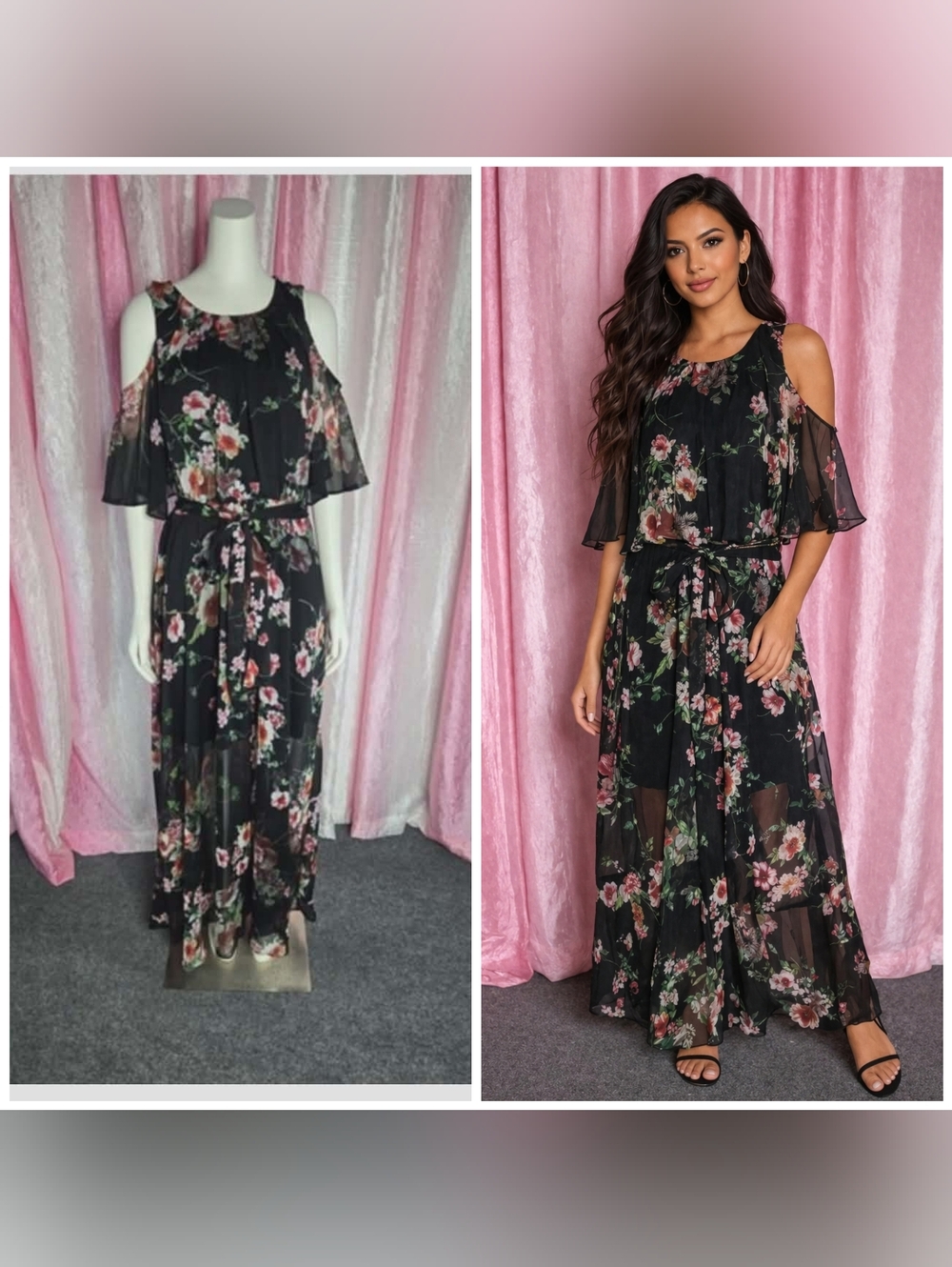 Calvin Klein Floral Cold Shoulder Flutter Sleeve Lined Maxi Dress Size 14